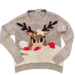 Jolt Soft Gray Knit holiday sweater with Reindeer women's Large